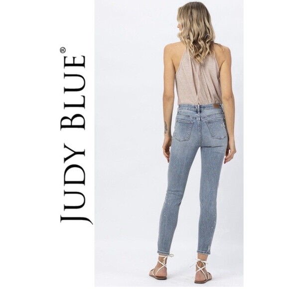JUDY BLUE Jeans 5 / 27 Lace Patch Mid Rise Distressed Skinny Light Wash JB88432 - Picture 3 of 16